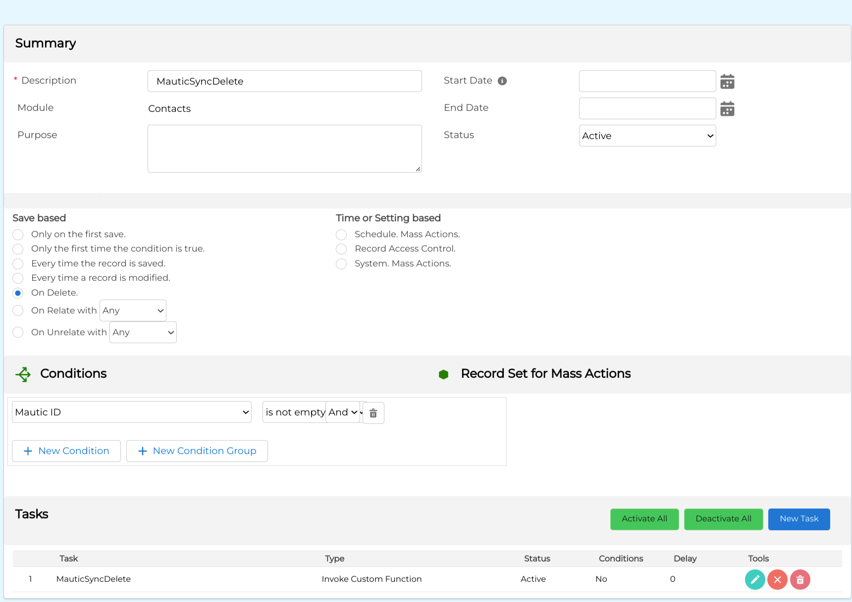 coreBOS Contacts workflow delete