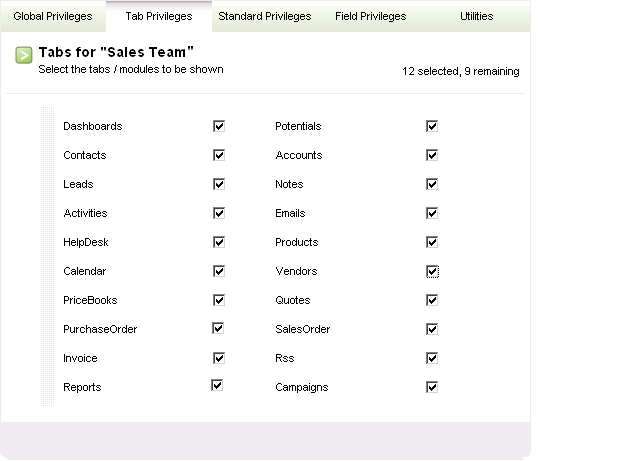 Figure: Tab Privileges Sales Team